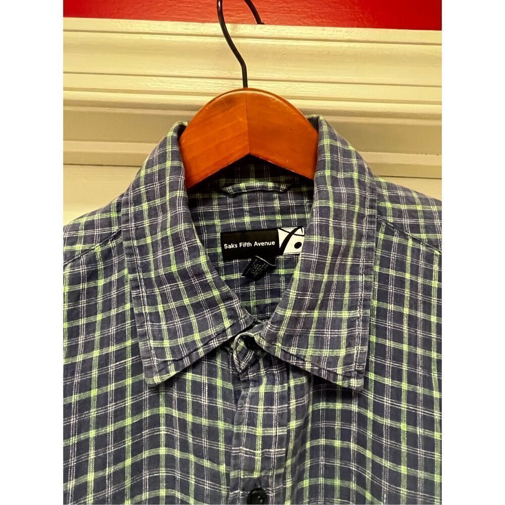 Saks Fifth Avenue Blue & Green Plaid 100% Linen Button Down Shirt Sz L Euc — image 2 of 6